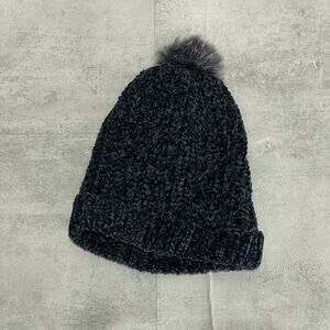 UNBRANDED Solid Black Faux-Fur Pom Knit Cuff Beanie SZ OS